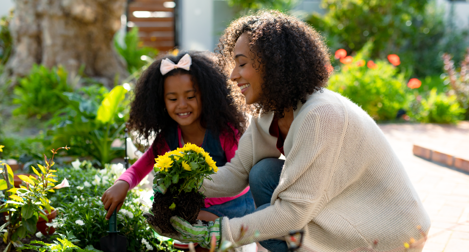 a child and parent plant yellow flowers
