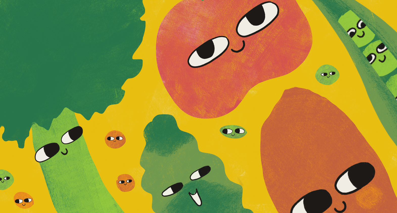illustrated veggies with smiles and eyes on a yellow background