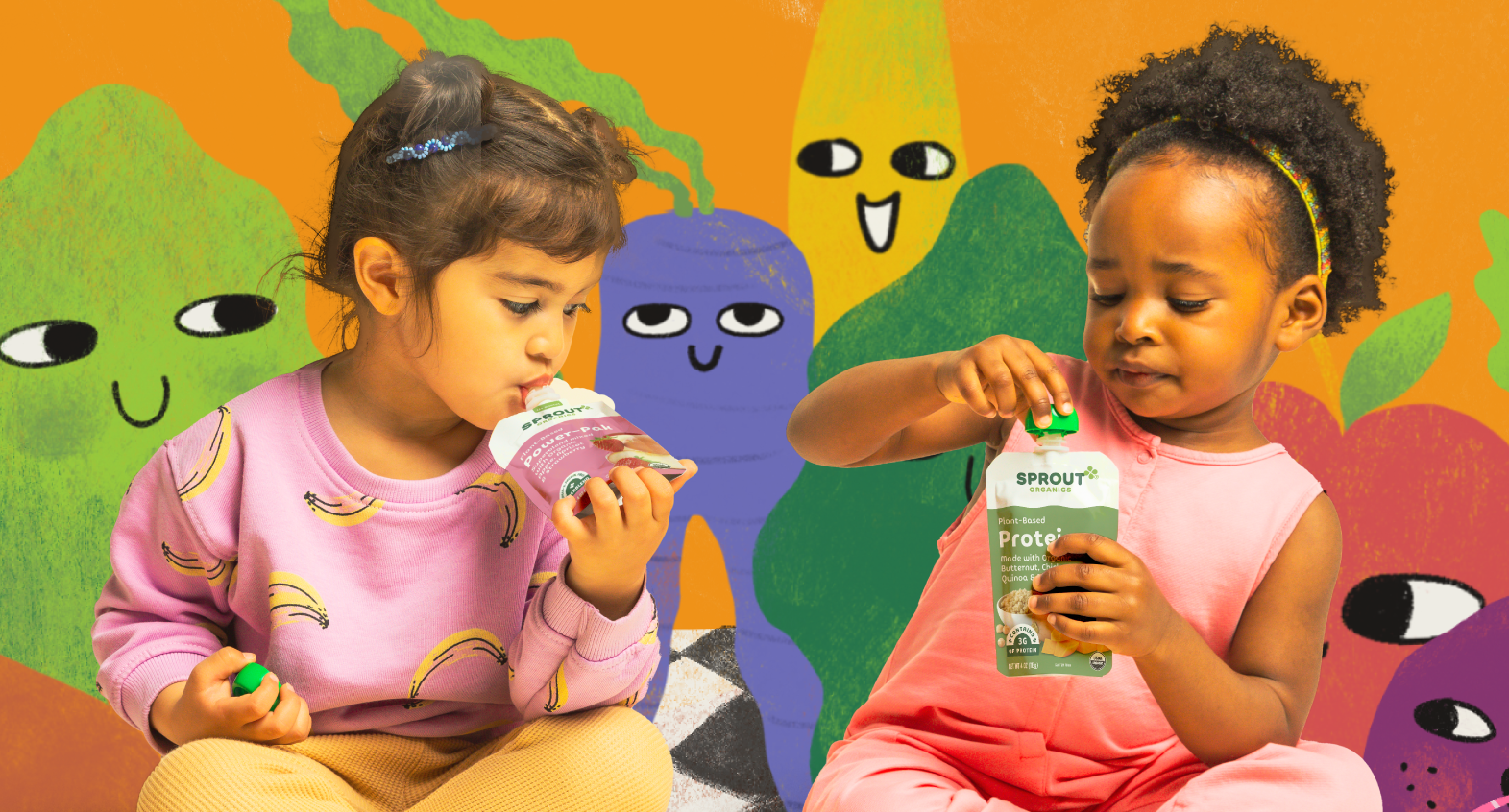 two children enjoy sprout organics pouches on an illustrated background