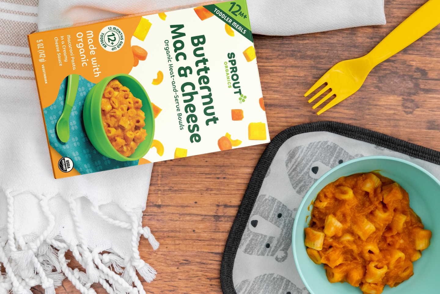 butternut mac & cheese organic toddler meal on wood table