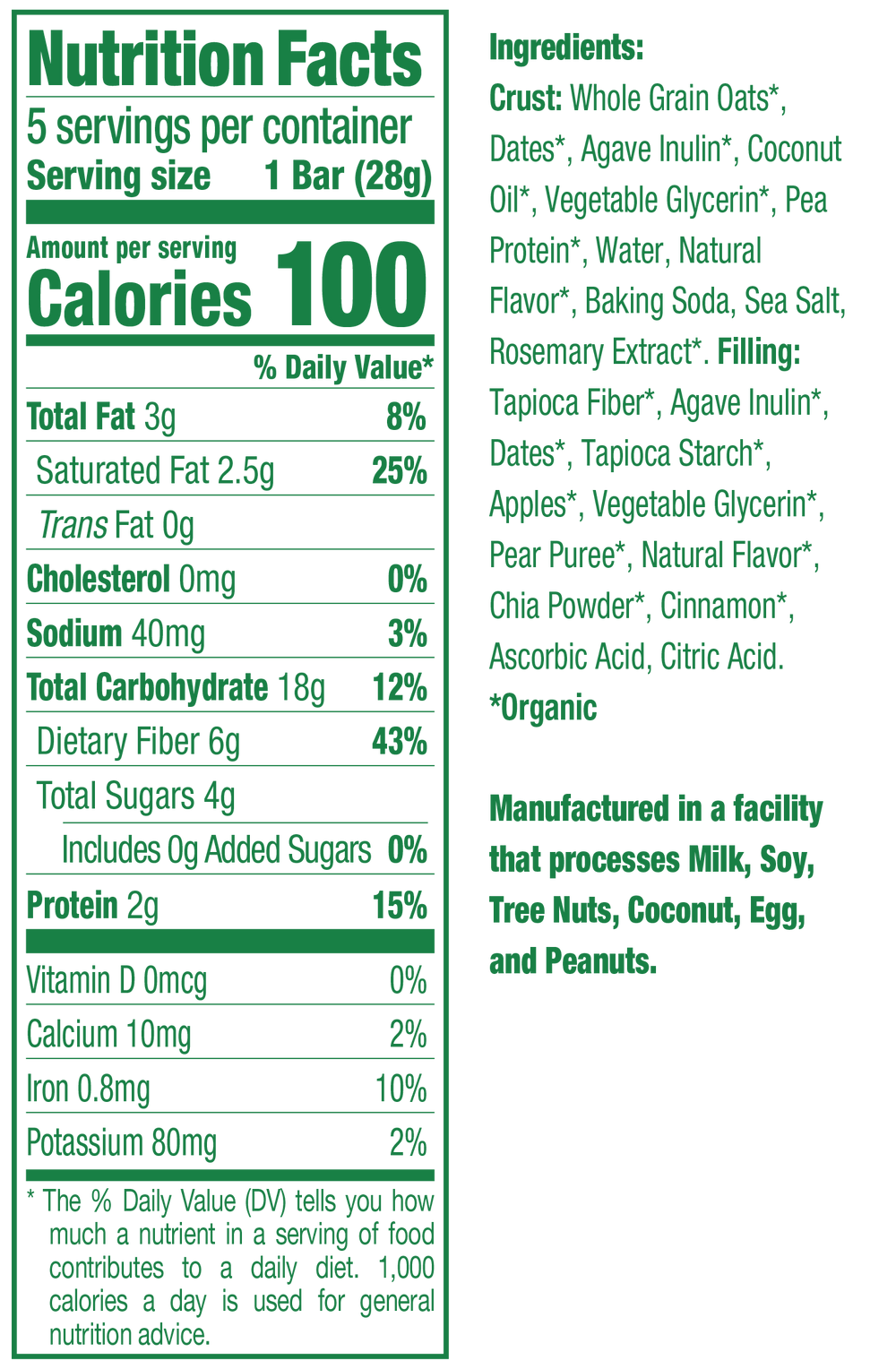 OatYayz Nutrition Fact Panel