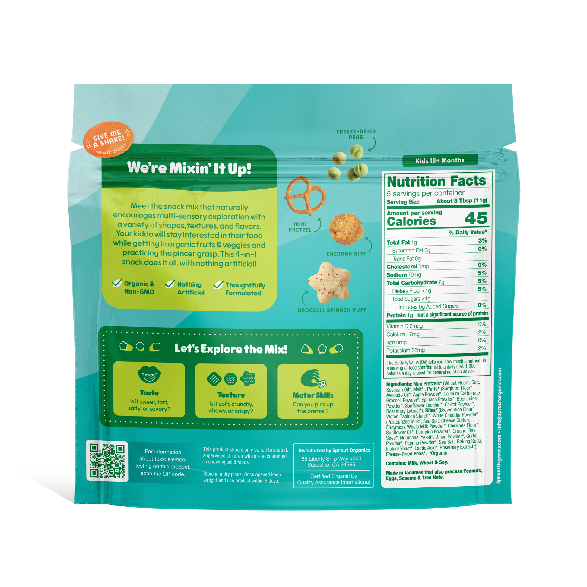 Teal snack mix packaging with nutritional information and product details.