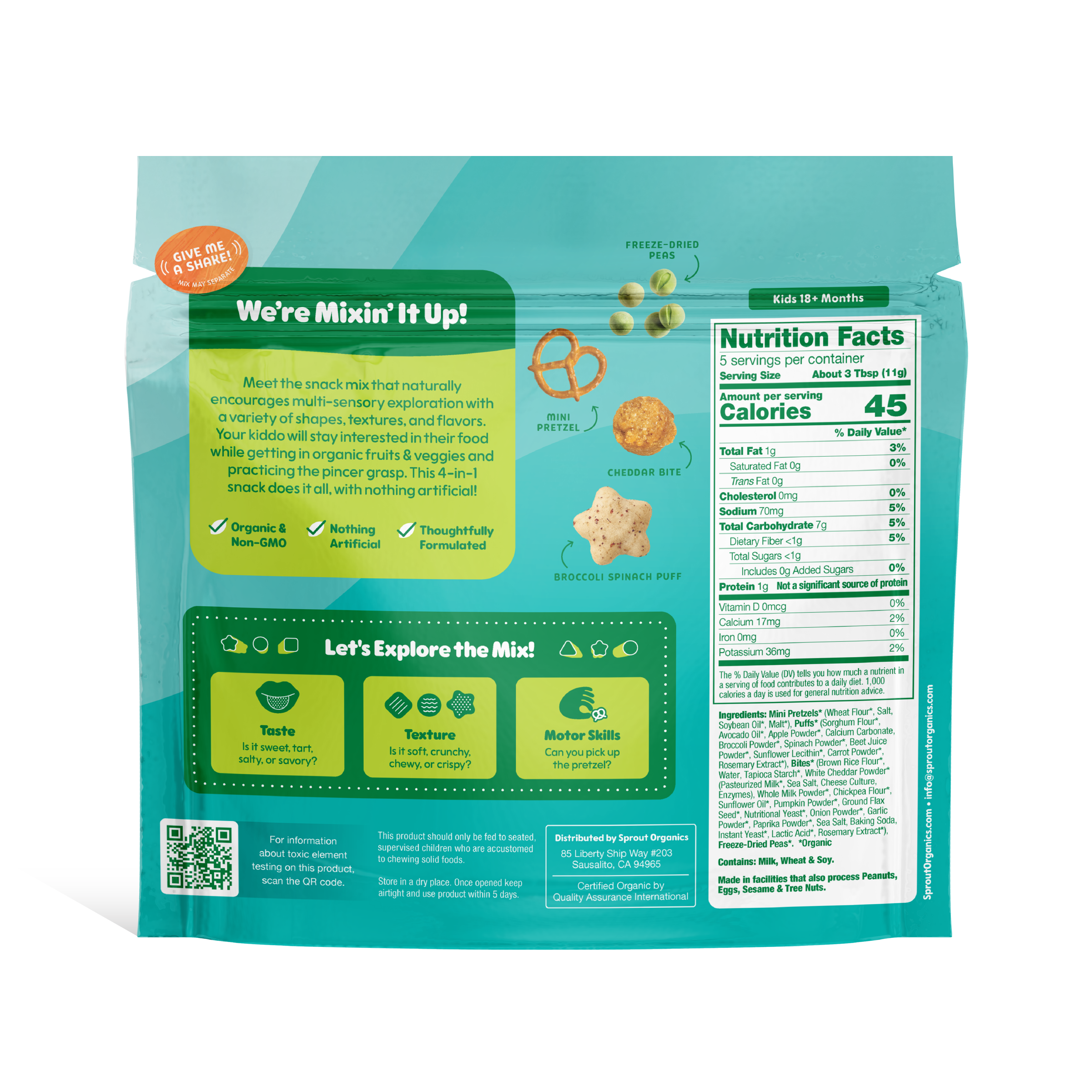 Teal snack mix packaging with nutritional information and product details.