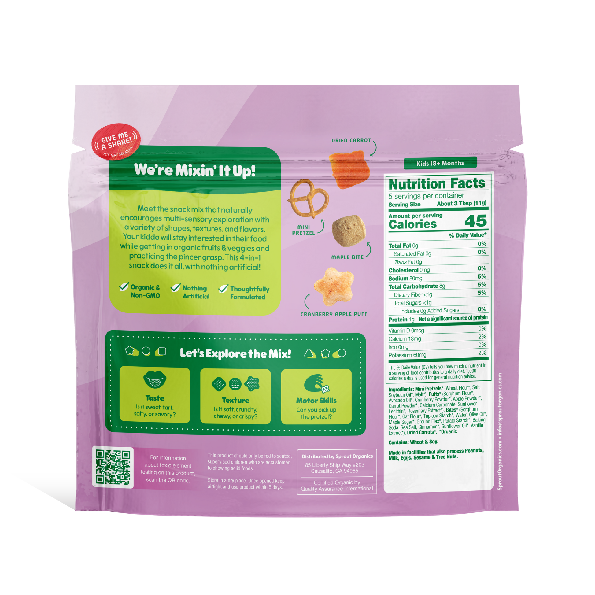 Purple snack mix package with green and white text and nutrition information on a white background
