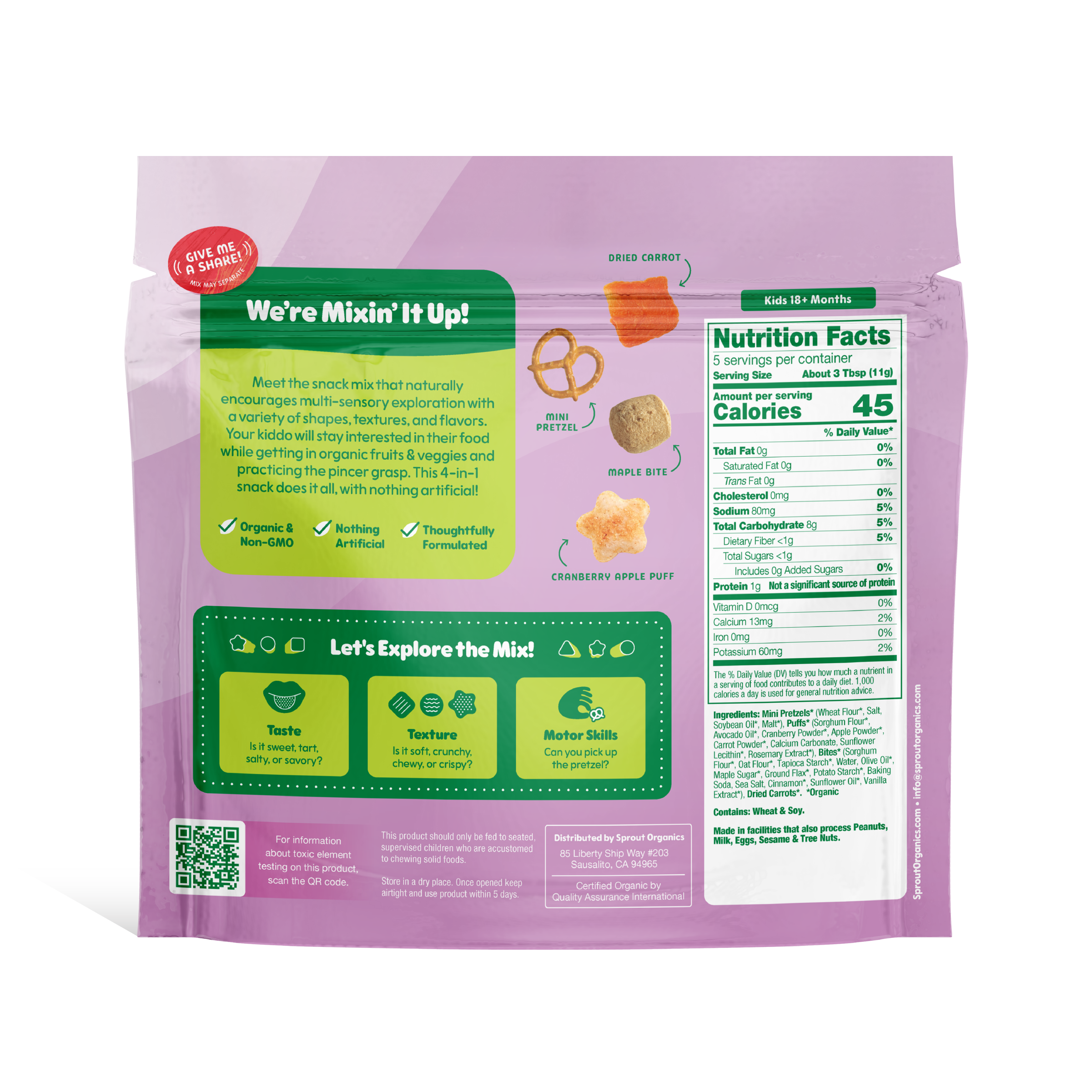 Purple snack mix package with green and white text and nutrition information on a white background