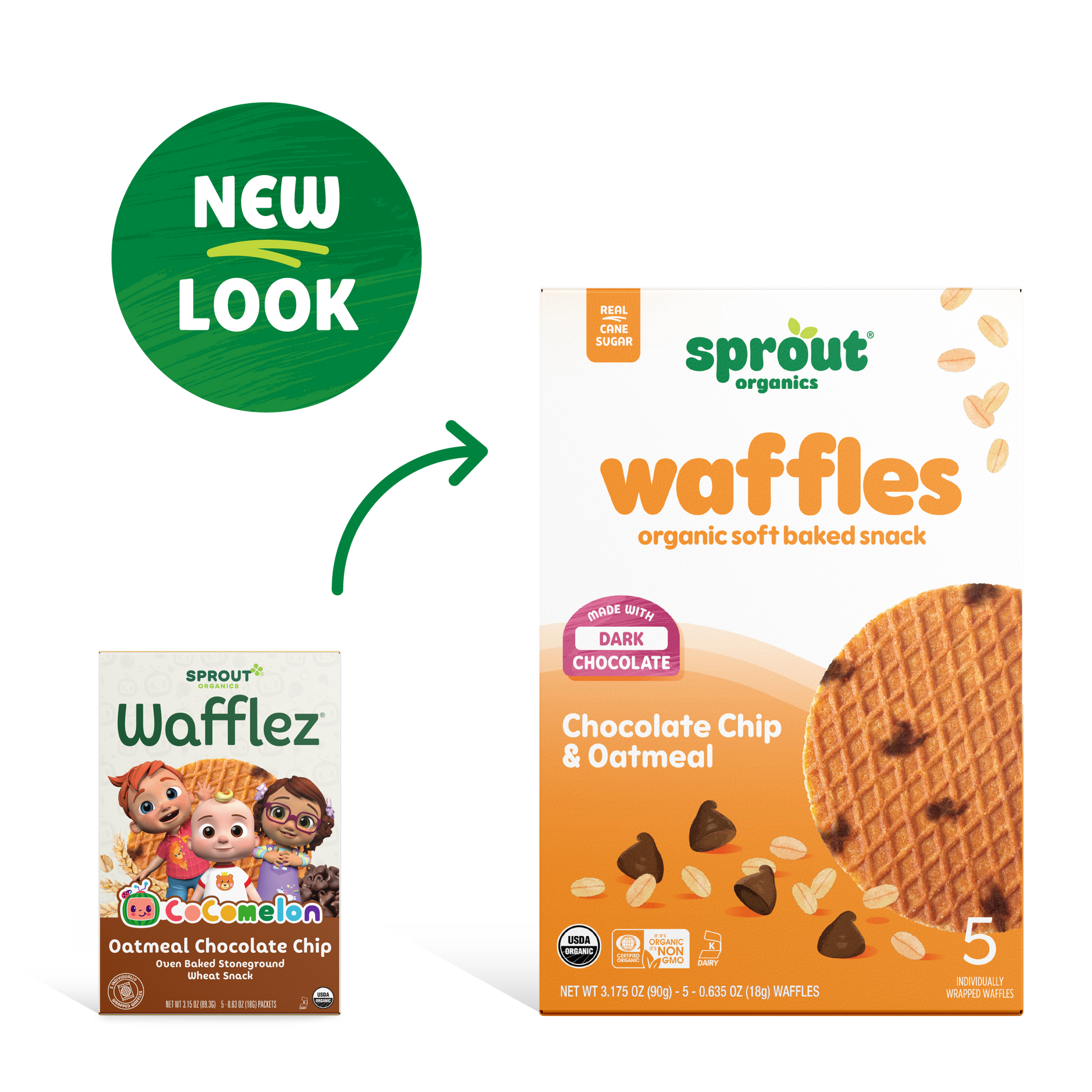 Sprout Organics chocolate chip waffle packaging with 'New Look' label on a white background