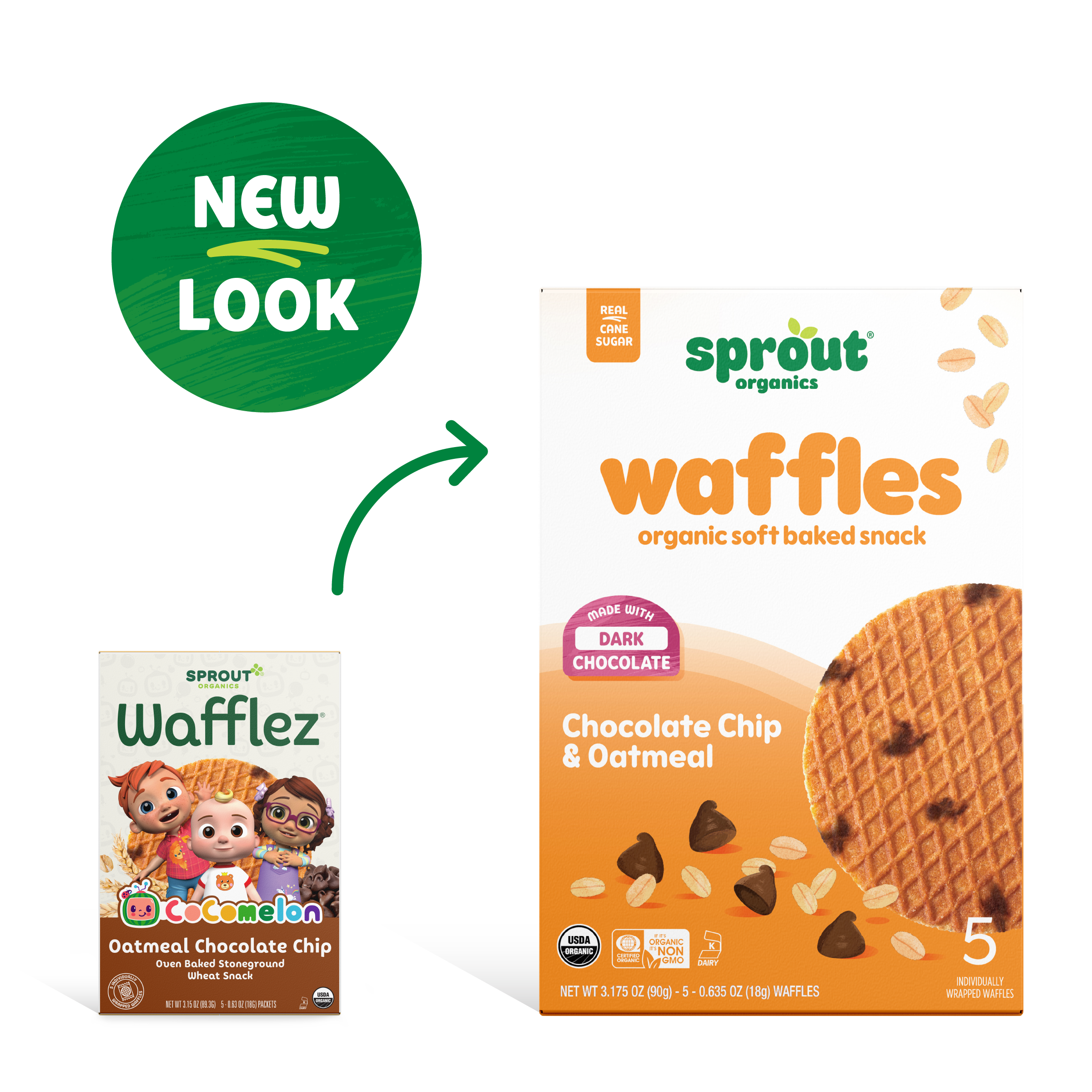 Sprout Organics chocolate chip waffle packaging with 'New Look' label on a white background