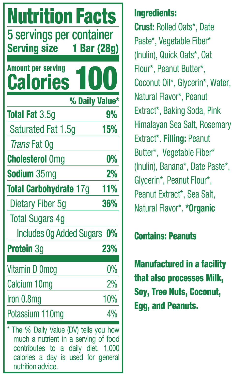 Nutrition fact panel for product