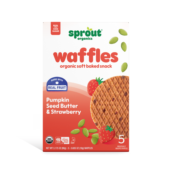 Box of Sprout Organics waffles with pumpkin seed butter and strawberry flavor on a white background.