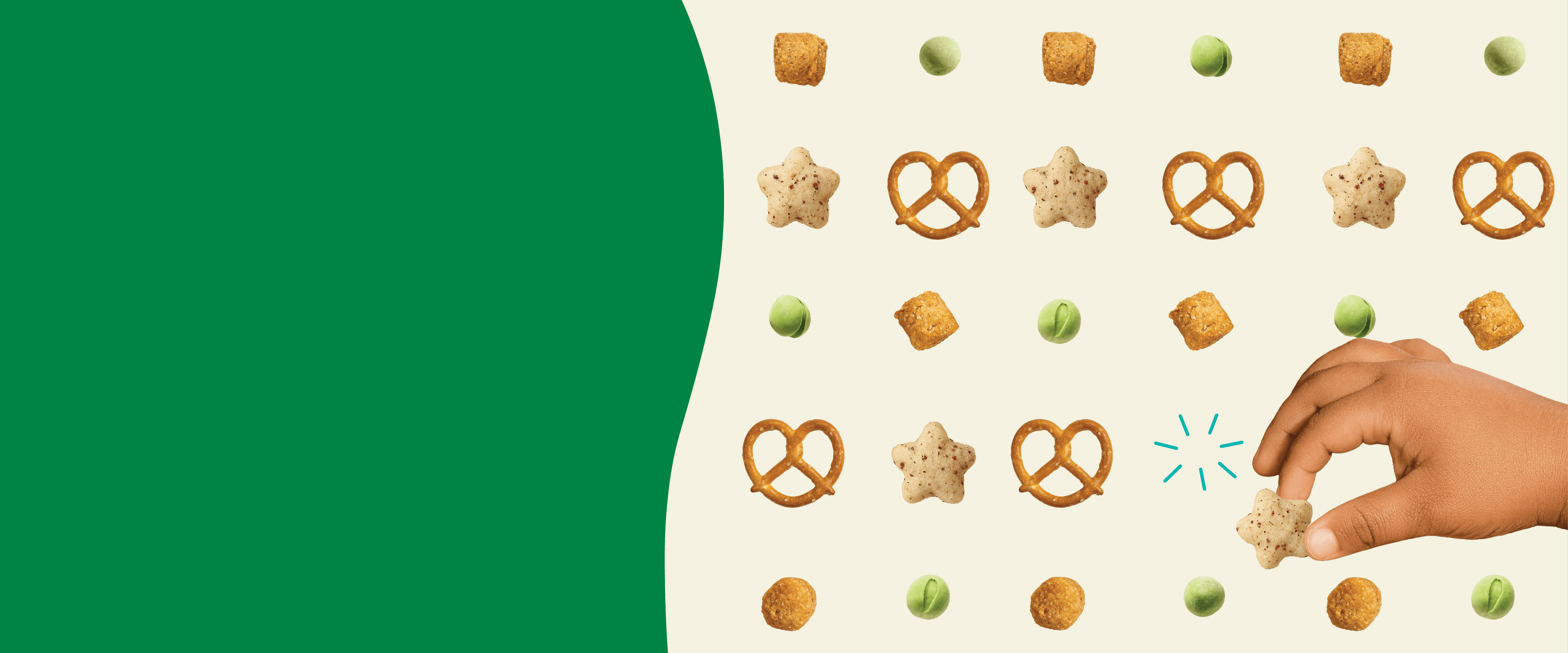 Hand reaching for a puff among snack variety mix on a green and beige background