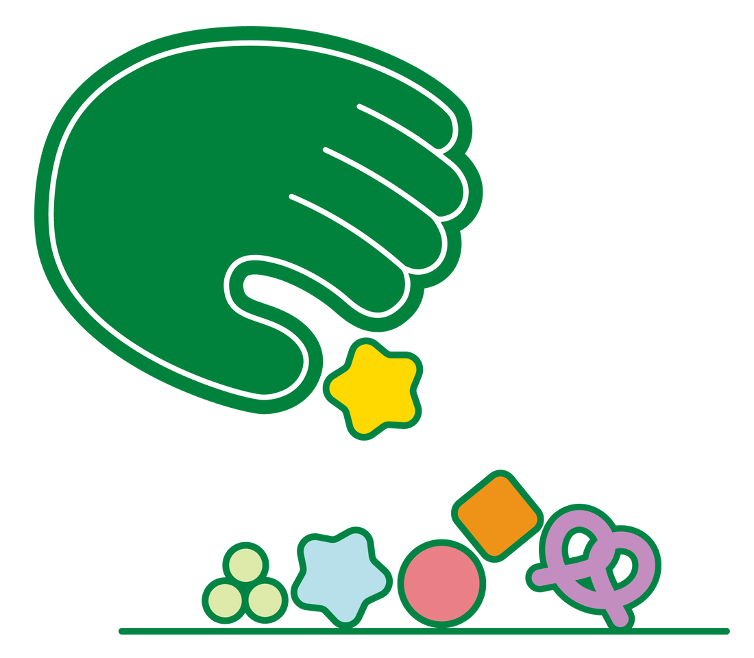 Green hand icon with colorful star and shapes on a white background