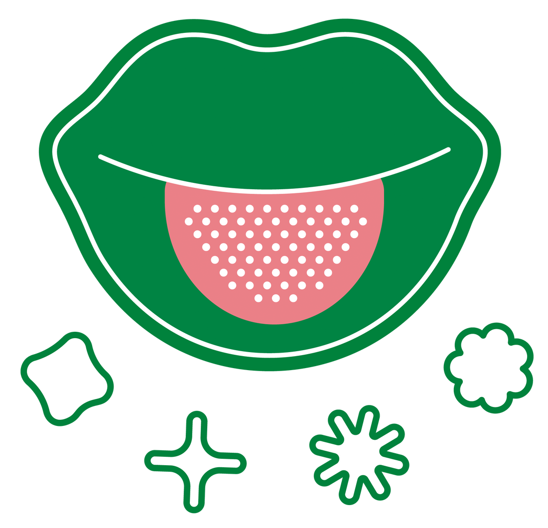 Illustration of green lips with a pink tongue and various green shapes on a white background