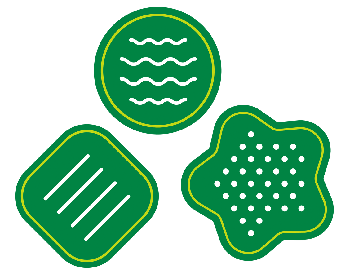 Three green textured stickers with different patterns on a white background